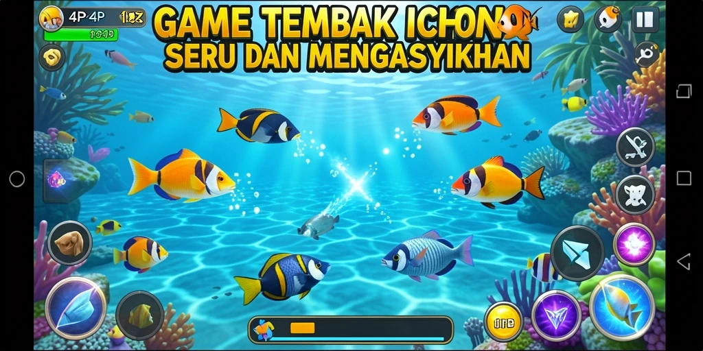 Tampilan gameplay seru di 4P4P dengan ikan berwarna-warni.