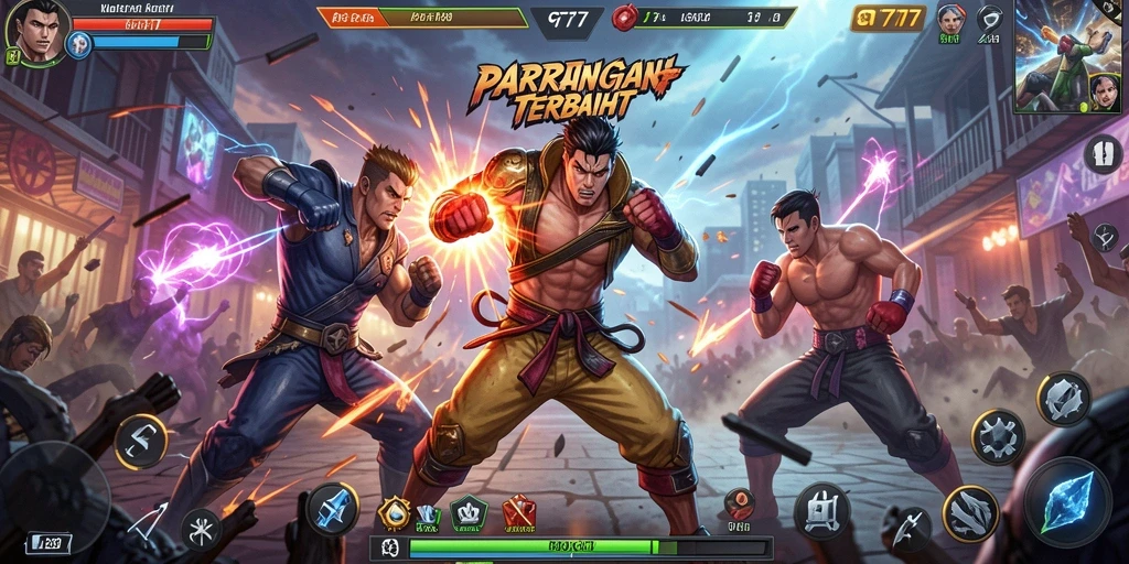Screenshot utama GT777 menampilkan duel seru antara karakter dengan efek visual menakjubkan.
