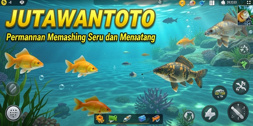 Screenshot utama JUTAWANTOTO menampilkan aksi menangkap ikan yang mendebarkan.