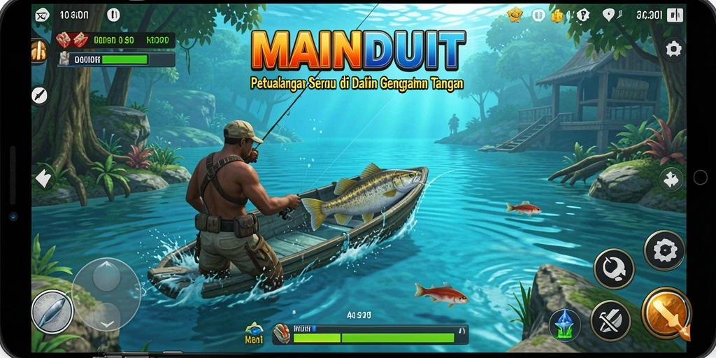 Tampilan gameplay <strong>MAINDUIT</strong> dengan suasana memancing yang menenangkan.