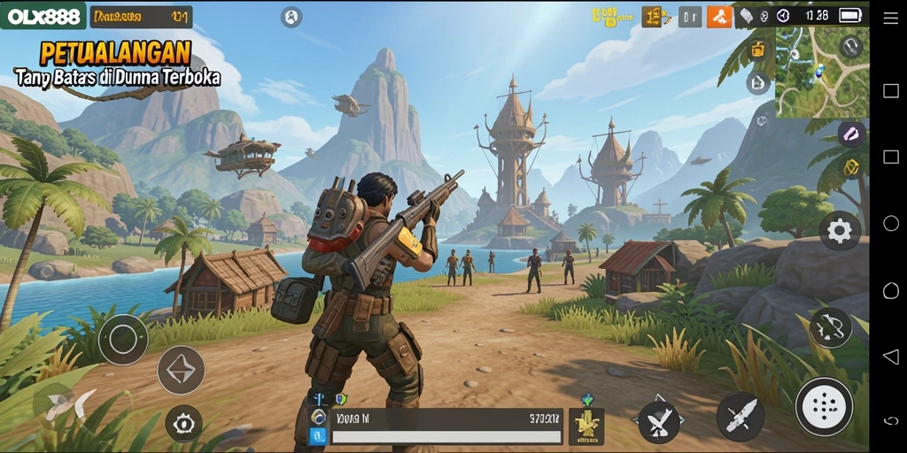 Screenshot menampilkan gameplay OLX888 dengan eksplorasi dunia terbuka.