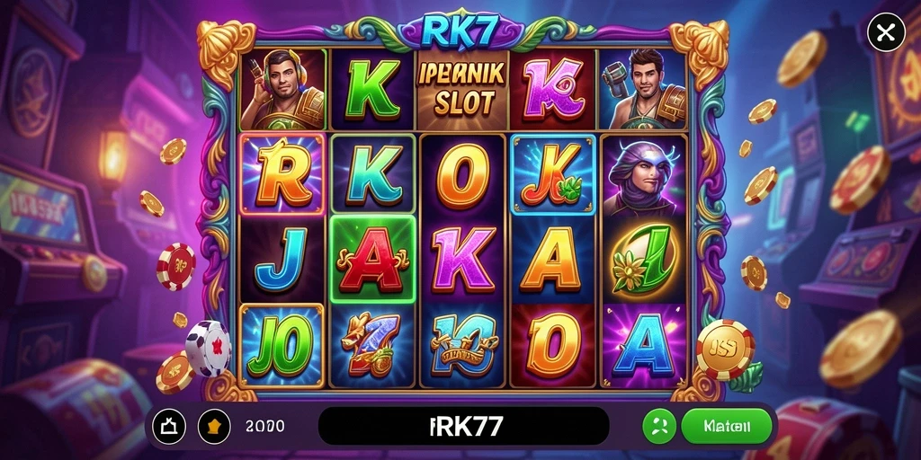 Tampilan gameplay Slot RK77 yang penuh warna dan dinamis.