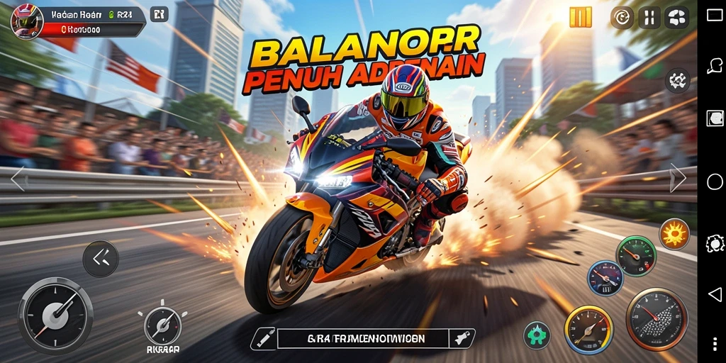 Tampilan gameplay balap motor yang penuh aksi di RR44.