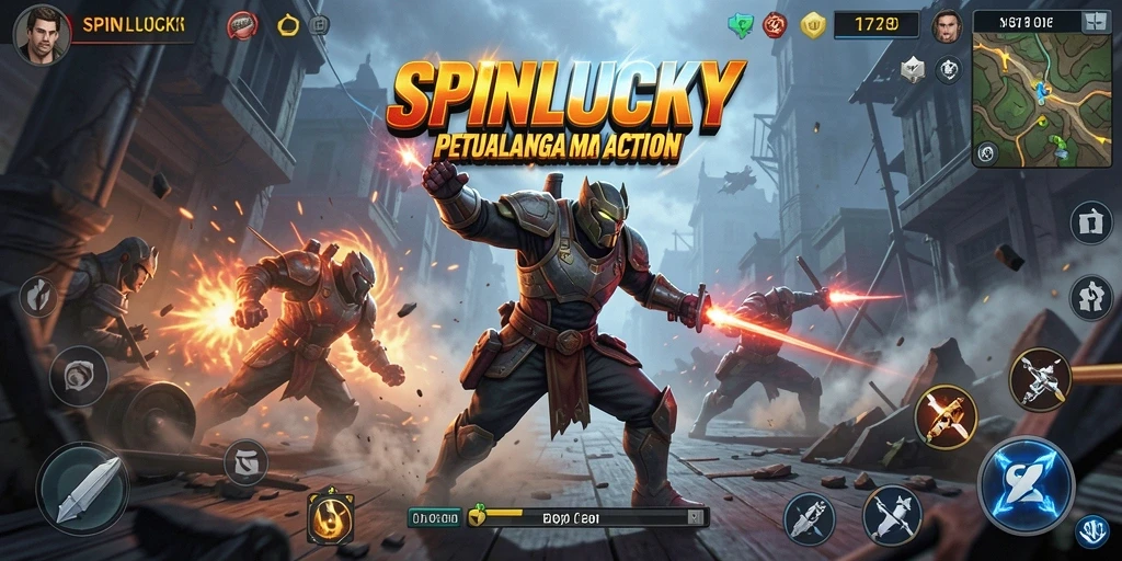 Screenshot gameplay SPINLUCKY menampilkan aksi seru dan pertarungan mendebarkan.