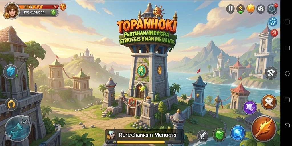 Tampilan gameplay TOPANHOKI dengan menara dan musuh menarik.
